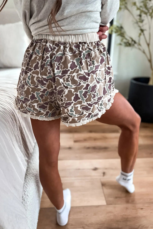 Camouflage Print Ruffle Trim Casual Boxer Shorts