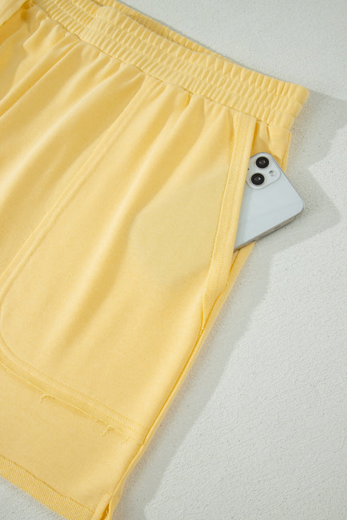 Solid Polo Collar Tee Elastic Waist Shorts Loungewear Set