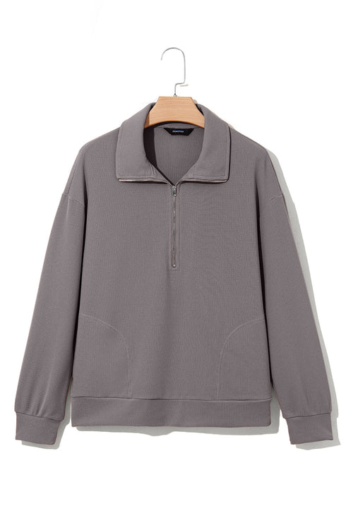 Waffle Textured Collar Half Zip Pocketed Drop Shoulder Sweatshirt