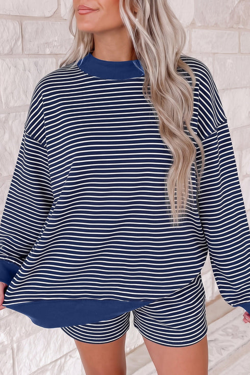 Striped Ribbed Patchwork Mock Neck Baggy Pullover Matching Short Set