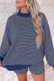 Ribbed Stripe Patchwork Mock Neck Baggy Pullover Short Set