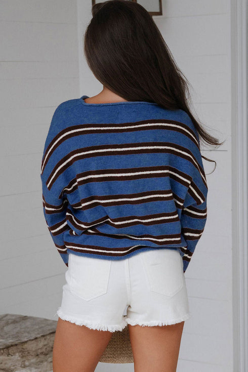 Acrylic Striped Pattern Drop Shoulder Button Cardigan