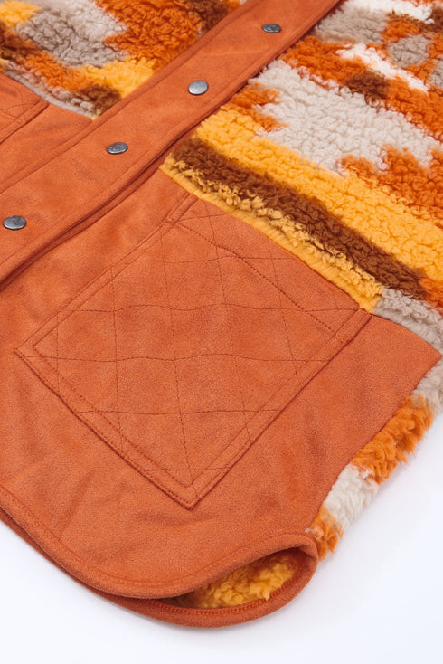 Furry Aztec Pattern Quilted Patch Pocket Fleece Jacket