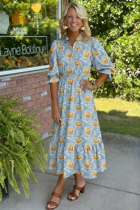 Bohemian Frilled V Neck Bracelet Sleeve Long Floral Dress