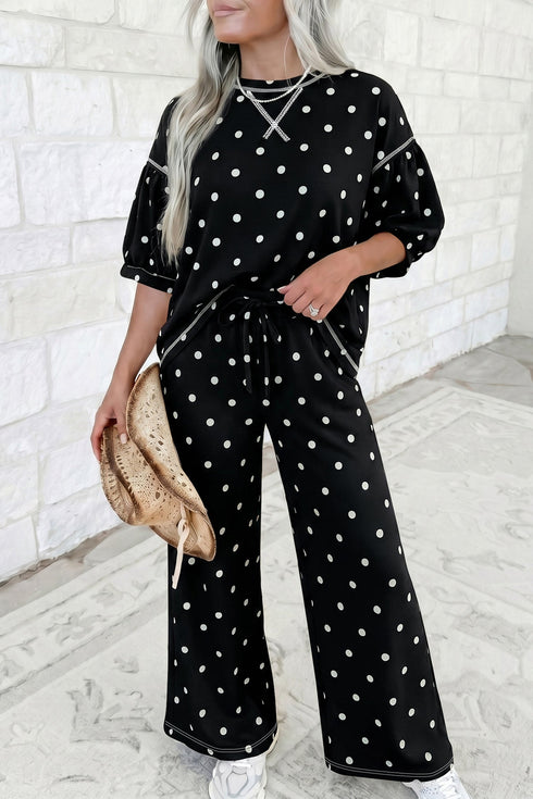 Half Sleeve Polka Dot Loose Top Elastic Waist Pant Set