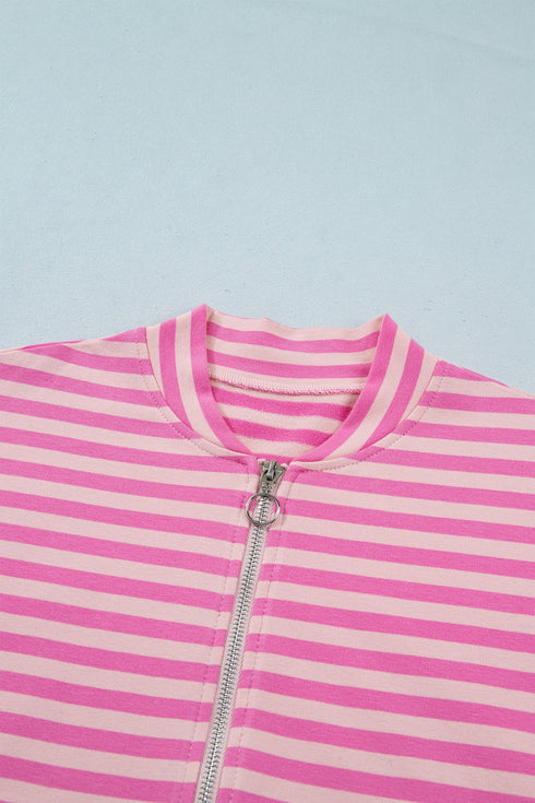Striped Zip Up Puff Sleeve Jacket Sweatshirt