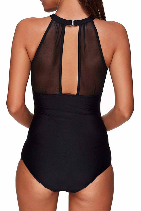 High Neck Mesh Insert Ruched Halter Tankini Top