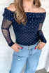 Off Shoulder Polka Dot Mesh Long Sleeve Sheath Top