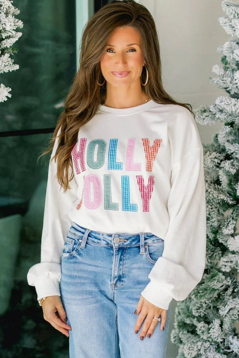 Applique Slogan Round Neck Long Sleeve Sweatshirt