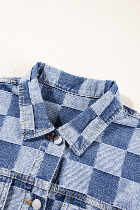 Checkered Print Patchwork Button Up Denim Jacket