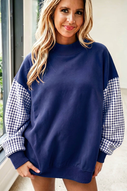 Mock Neck Plaid Pattern Sleeve Loose Tunic Sweatshirt