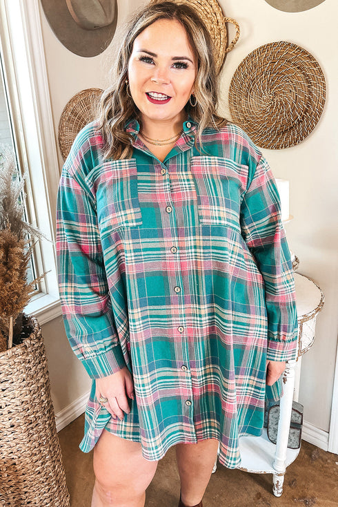 Plaid Button Up Shift Long Sleeve V Neck Mini Dress