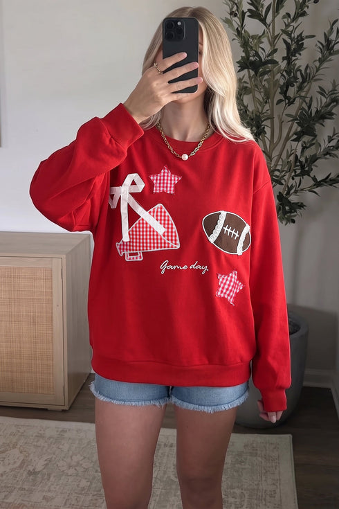 Gingham Patch Embroidered Rugby Print Stars Sweatshirt