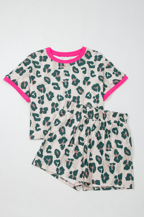 Western Style Leopard Print Contrast Trim Short Set