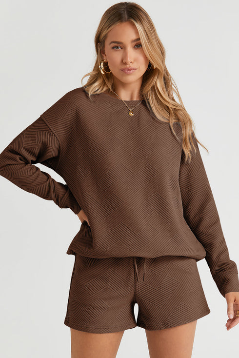 Textured Long Sleeve Top And Drawstring Lounge Short Sets