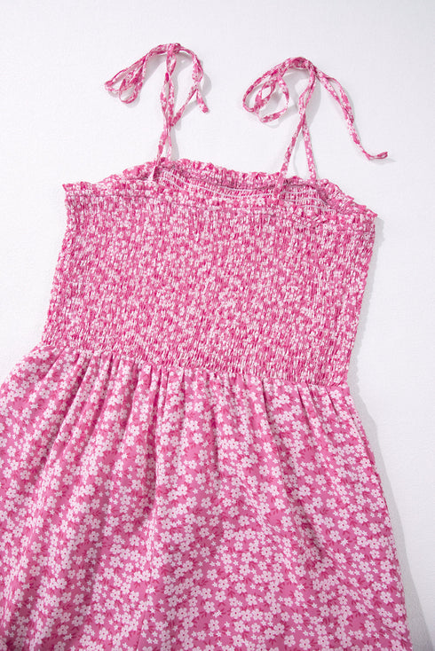 Floral Print Thin Strap Smocked Bodice Wide Leg Jumpsuit