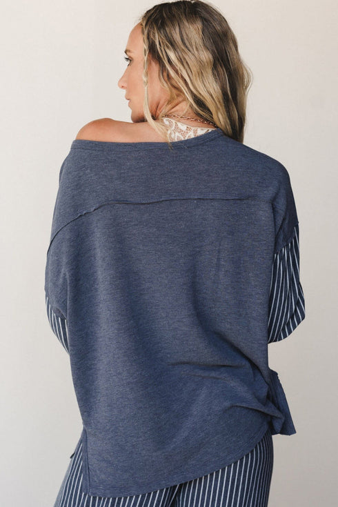 Raw Seam Patchwork Striped Long Sleeve Pant Set