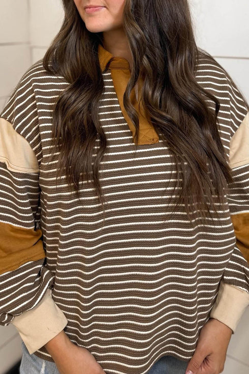 Striped Collar V Neck Long Sleeve Top