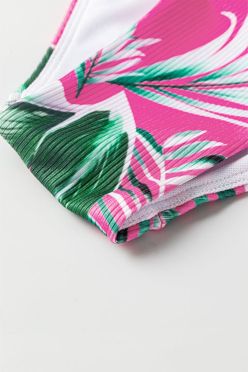 Ribbed Tropical Leaf Print High Waisted Bikini Set