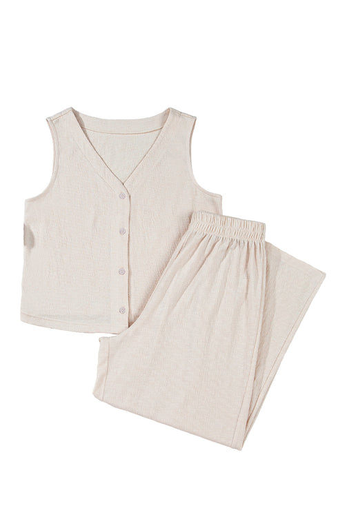 Buttoned V Neck Tank Top Wide Leg Pant Set
