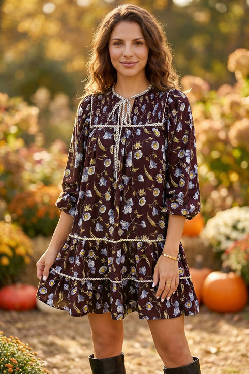 Floral Print Shirred V Neck Shift Mini Dress