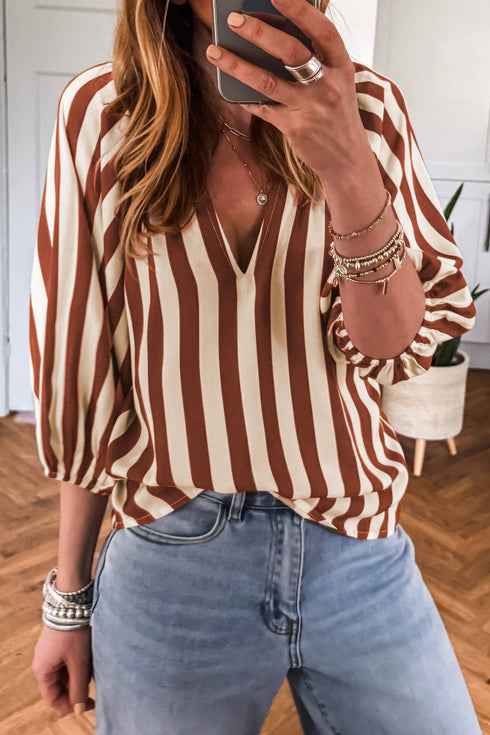 Modern Striped V Neck Half Sleeve Tailored Blouse