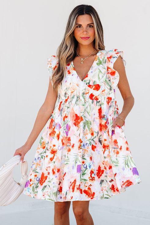 Floral Double Ruffle Sleeve V Neck High Waist Mini Dress