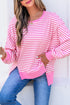 Striped Waffle Knit Split Hem Textured Long Sleeve Top