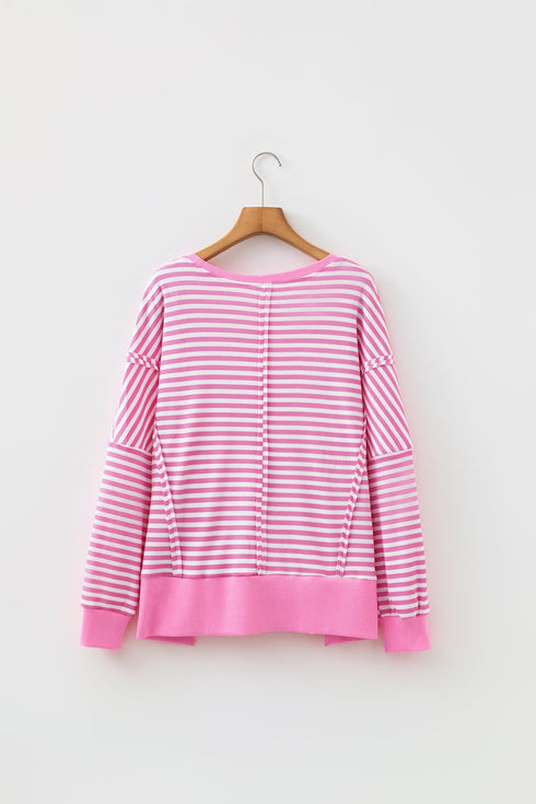 Striped Waffle Knit Split Hem Textured Long Sleeve Top