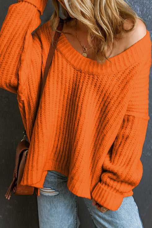 Ribbed Knit Round Neck Slouchy Chunky Sweater
