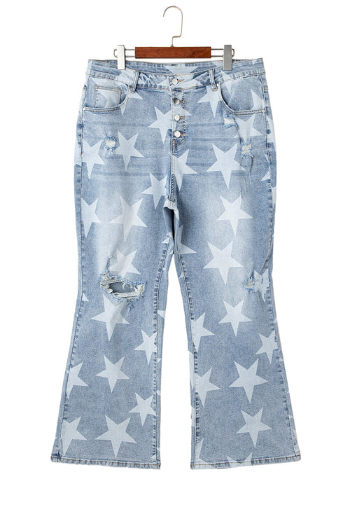 Star Print Multi Button Distressed Wide Leg Jeans
