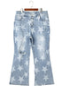 Star Print Multi Button Distressed Wide Leg Jeans