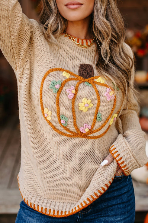 Floral Embroidery Pumpkin Long Sleeve Round Neck Sweater