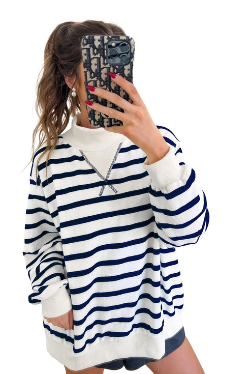 Striped Mock Neck Long Sleeve Ribbed Cuff Hem Sweatshirt