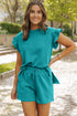 Textured Ruffle Sleeve Split Top Drawstring Short Set