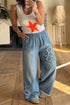 Frayed Floral Patch Wide Leg Raw Hem Jeans