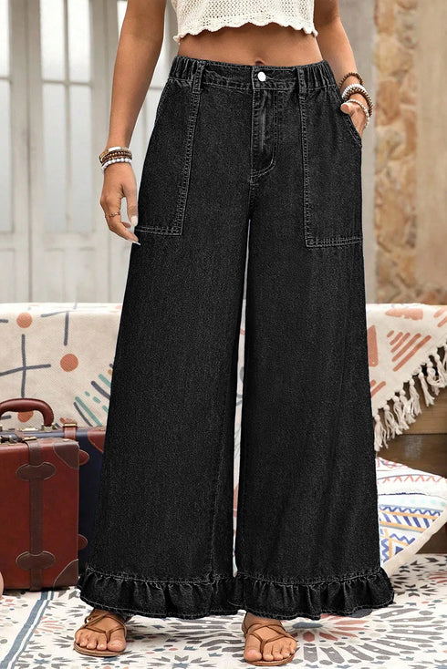 Elastic Waist Ruffled Wide Leg Denim Pants