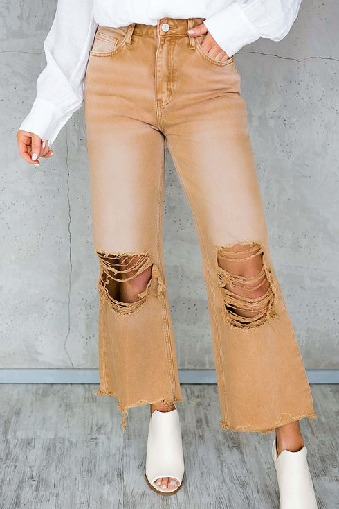 Distressed Hollow Out High Waist Cropped Flare Jeans
