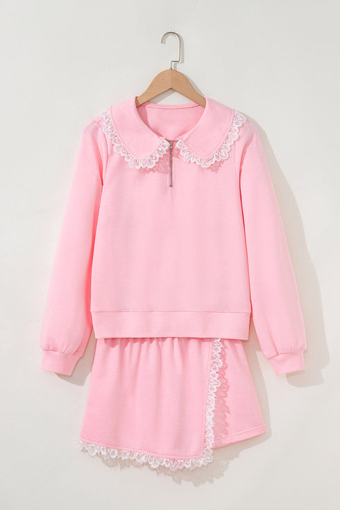 Lace Trim Peter Pan Sweatshirt Skirt Two Piece Dress