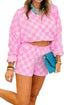 Plaid Long Sleeve Crop Top Elastic Waist Shorts Two Piece Short Set