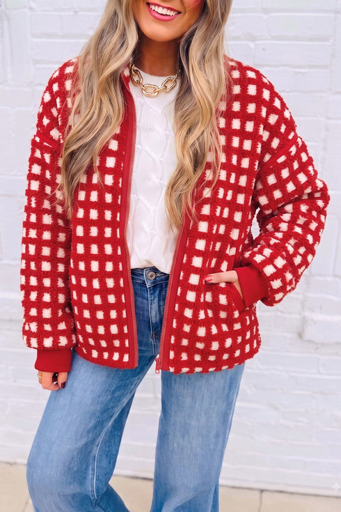 Plaid Zip Up Long Sleeve Textured Jacket