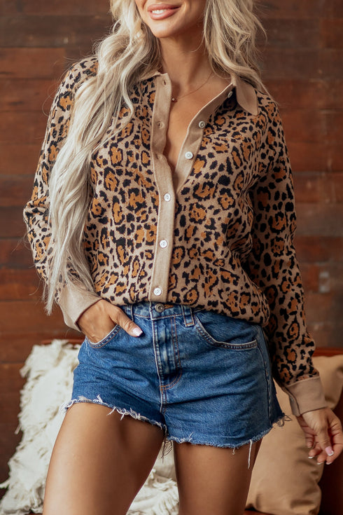 Leopard Print Button Up Long Sleeve Viscose Blend Cardigan