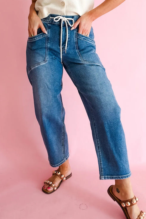 Drawstring Waist Pocket Detail Ankle Length Denim Jeans