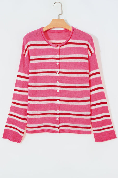 Acrylic Striped Pattern Drop Shoulder Button Cardigan