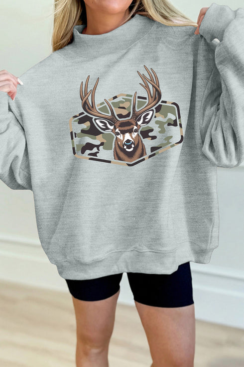 Oversize Camouflage Reindeer Print Mock Neck Sweatshirt
