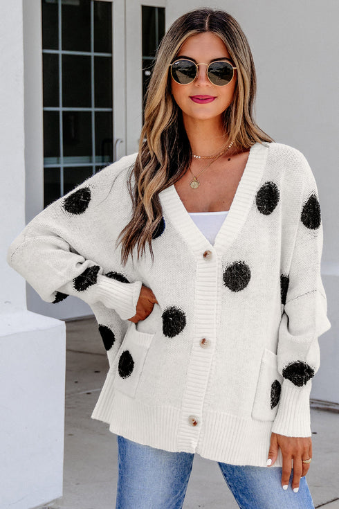 Polka Dot Button Front Oversized V Neck Cardigan