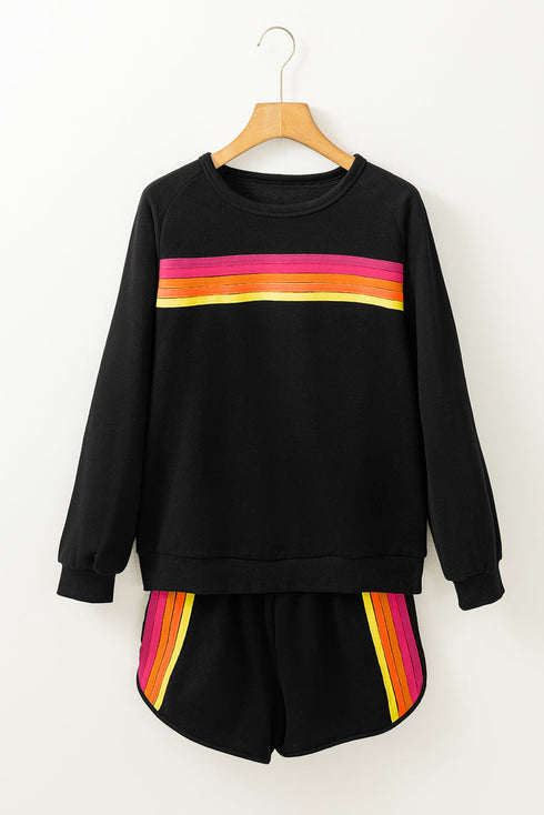 Striped Patchwork Applique Pullover Two Piece Short Set