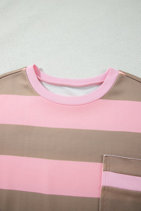 Striped Patch Pocket Split Hem Oversized Long Sleeve Sweatshirt