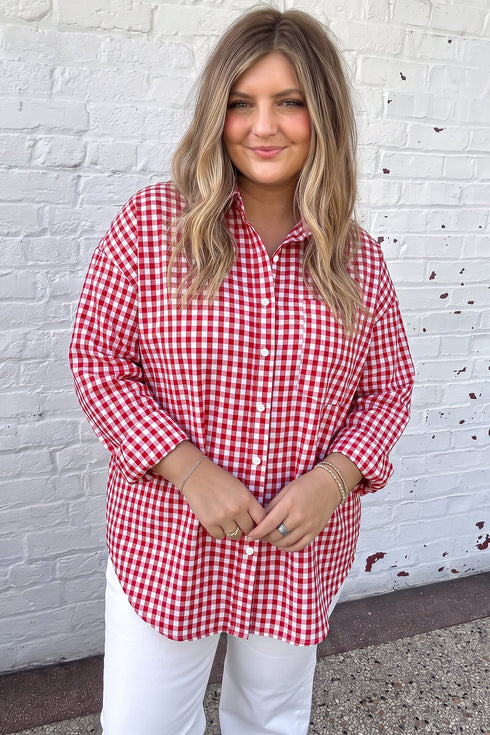 Plaid V Neck Long Sleeve Tunic Loose Fit Blouse