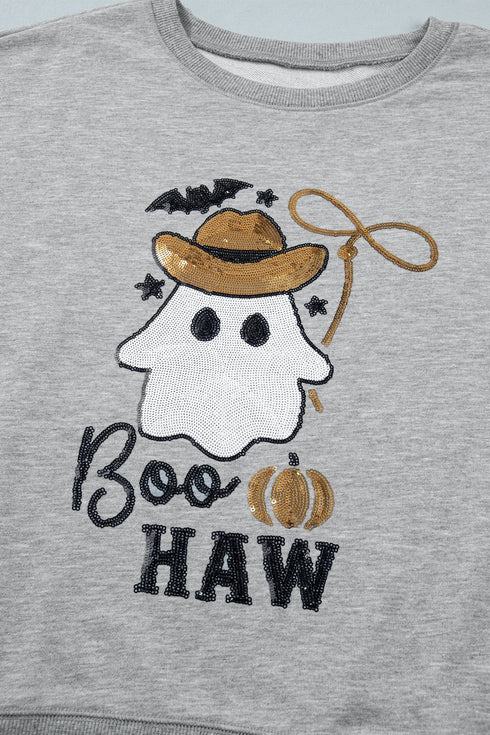 Sequin Western Ghost Print Long Sleeve Round Neck Sweatshirt
